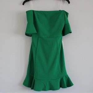 Crystal Doll Emerald Green Off-Shoulder Ruffle Mini Dress in size S